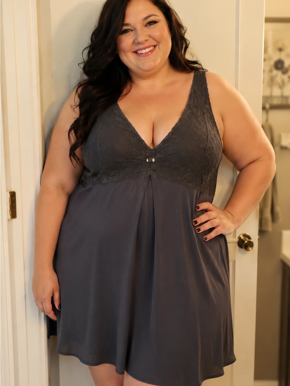 Plus Size Lace-Trim Chemise Nightdress in black